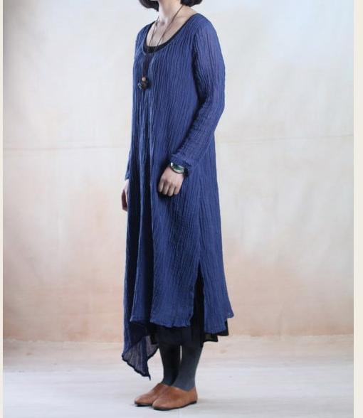 Blue layered pleated long linen dress maxis
