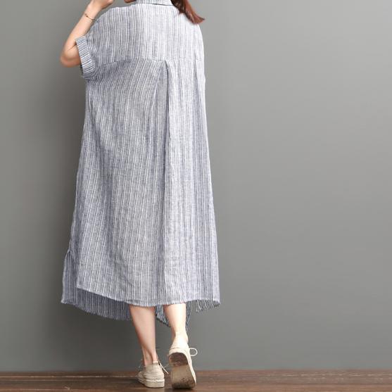 Blue open hem linen maxi dress plus size cotton dress