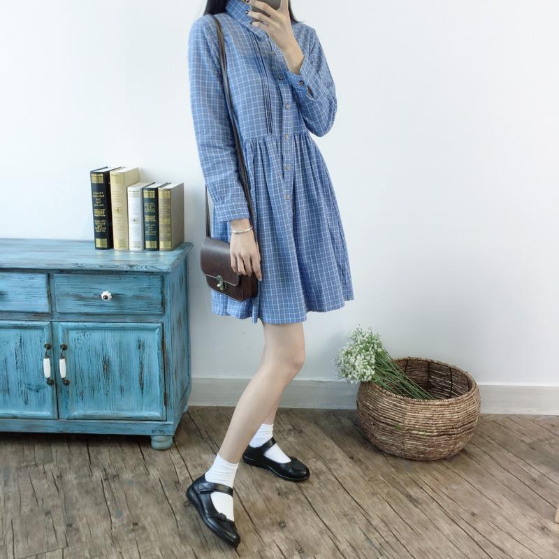 Blue retro plaid spring dress fit flare dresses linen