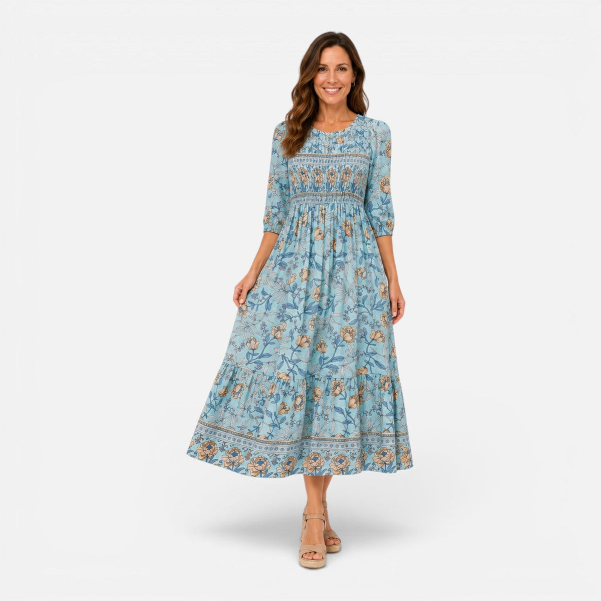 Floral Round Neck Smocked Tiered Midi Dress