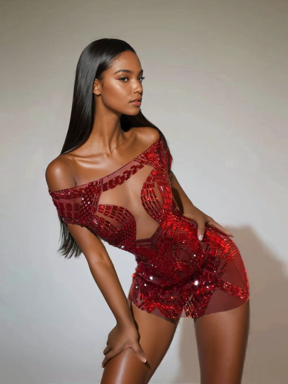Off Shoulder Rhinestone Mini Dress In Red - View 2