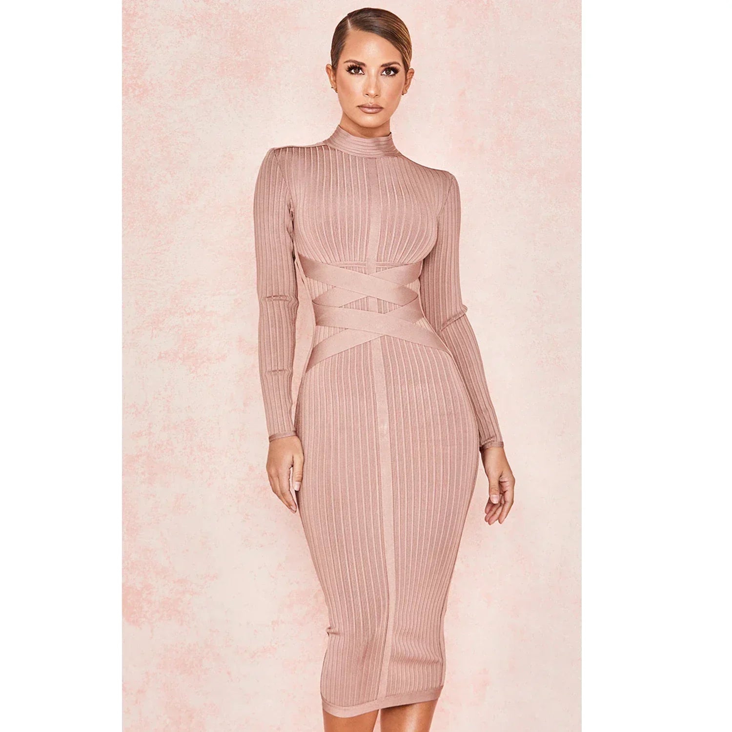 Bandage High Neck Long Sleeve Crossover Waist Bodycon Midi Dress