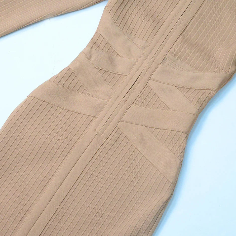 Bandage High Neck Long Sleeve Crossover Waist Bodycon Midi Dress