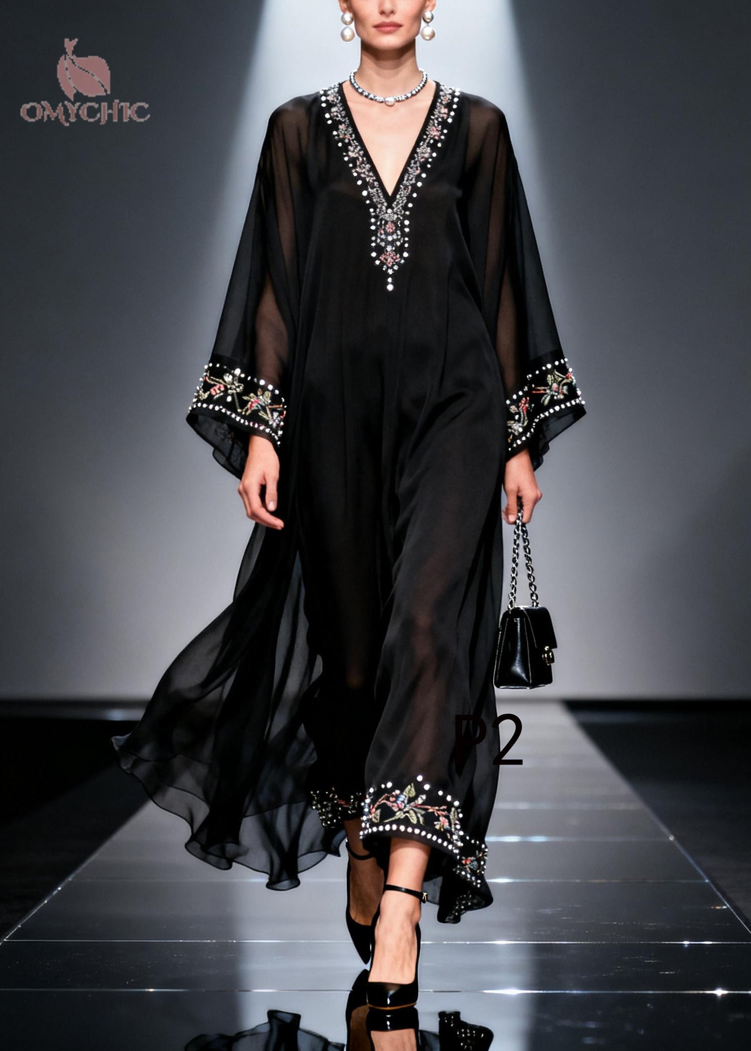Sheer Chiffon Deep V-Neck Embroidered Bell Sleeve Beaded Button Front Kaftan Maxi Gown