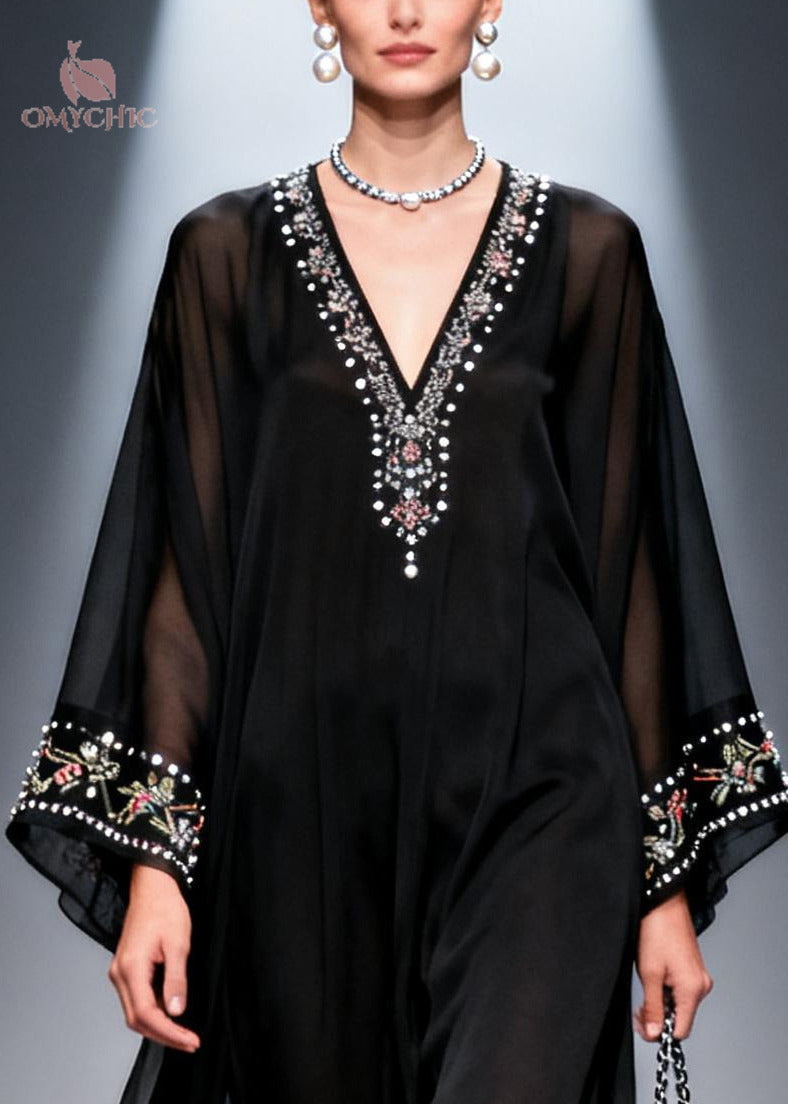 Sheer Chiffon Deep V-Neck Embroidered Bell Sleeve Beaded Button Front Kaftan Maxi Gown