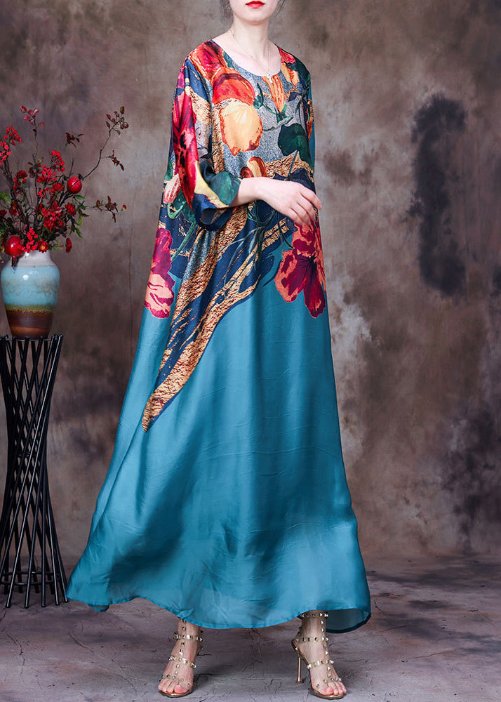 Floral Abstract Print Round Neck Long Sleeve Loose Chiffon Maxi Dress