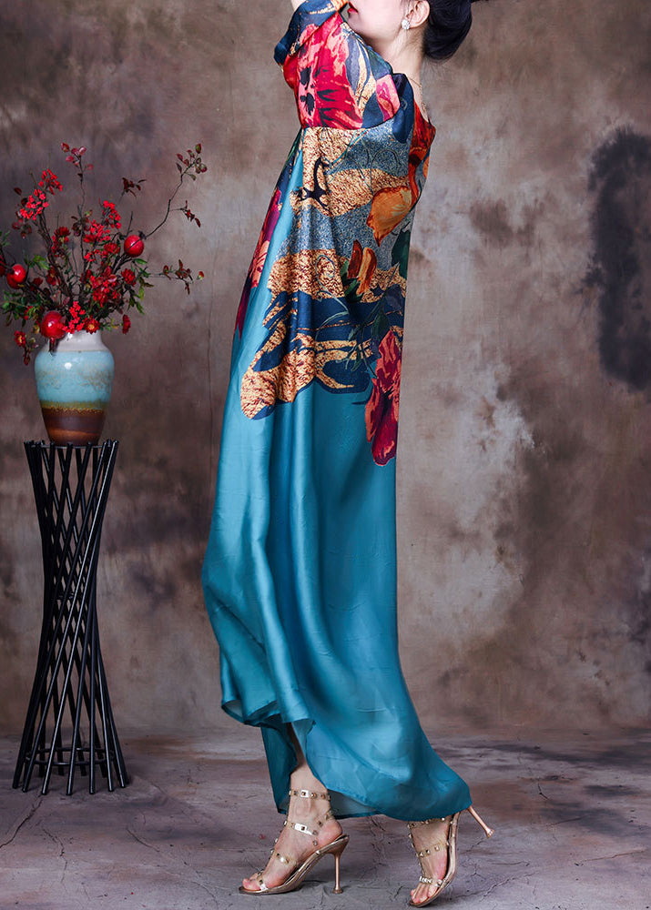 Floral Abstract Print Round Neck Long Sleeve Loose Chiffon Maxi Dress