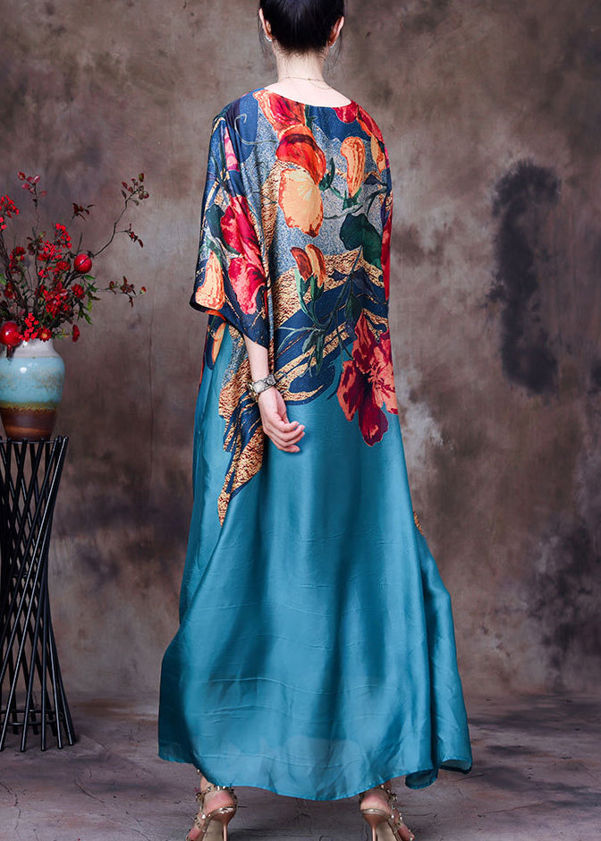 Floral Abstract Print Round Neck Long Sleeve Loose Chiffon Maxi Dress