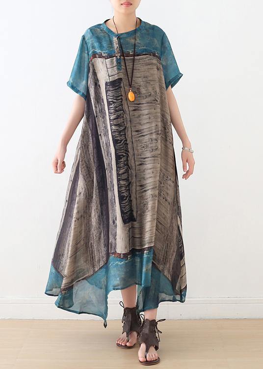 Bohemian Blue Print Button Vacation Summer Chiffon Dress