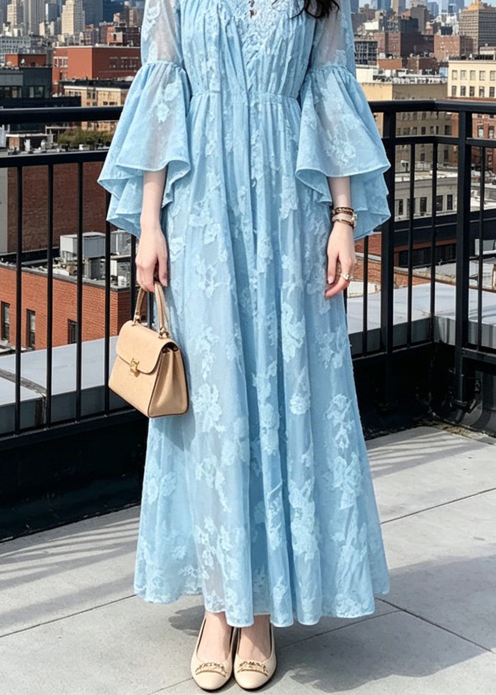 Bohemian Blue Stand Collar Patchwork Long Dresses Flare Sleeve