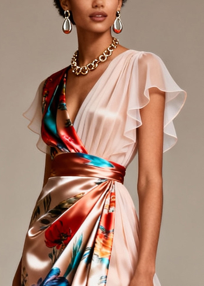 Satin Chiffon Floral Print Deep V-Neck Flutter Sleeve Asymmetrical Midi Dress