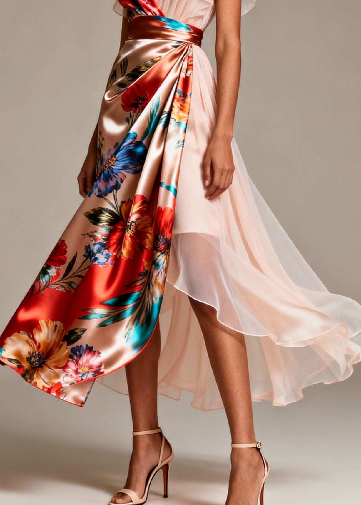 Satin Chiffon Floral Print Deep V-Neck Flutter Sleeve Asymmetrical Midi Dress