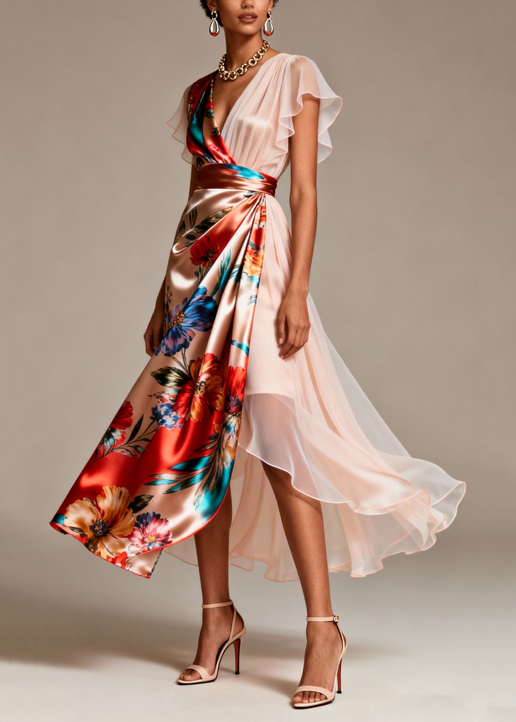 Satin Chiffon Floral Print Deep V-Neck Flutter Sleeve Asymmetrical Midi Dress