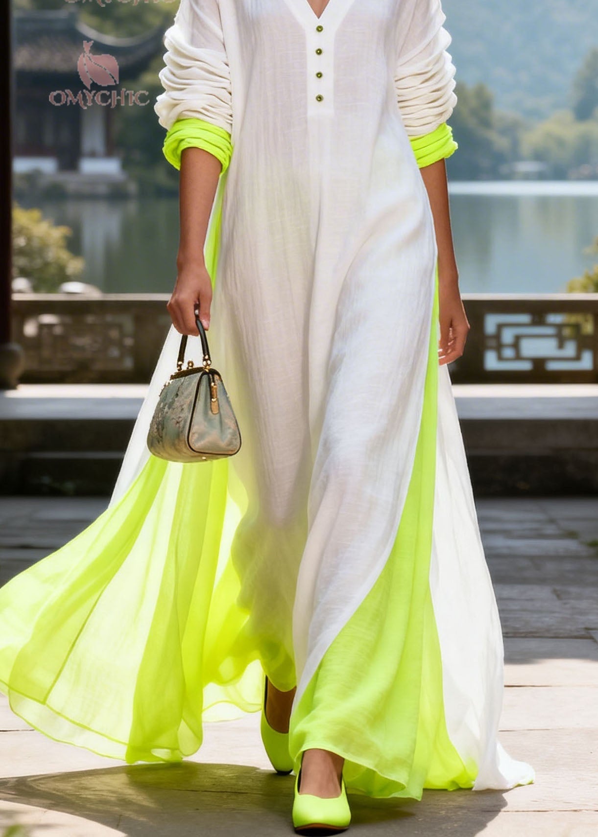 Bohemian Colorblock V Neck Patchwork Cotton Long Dress Summer