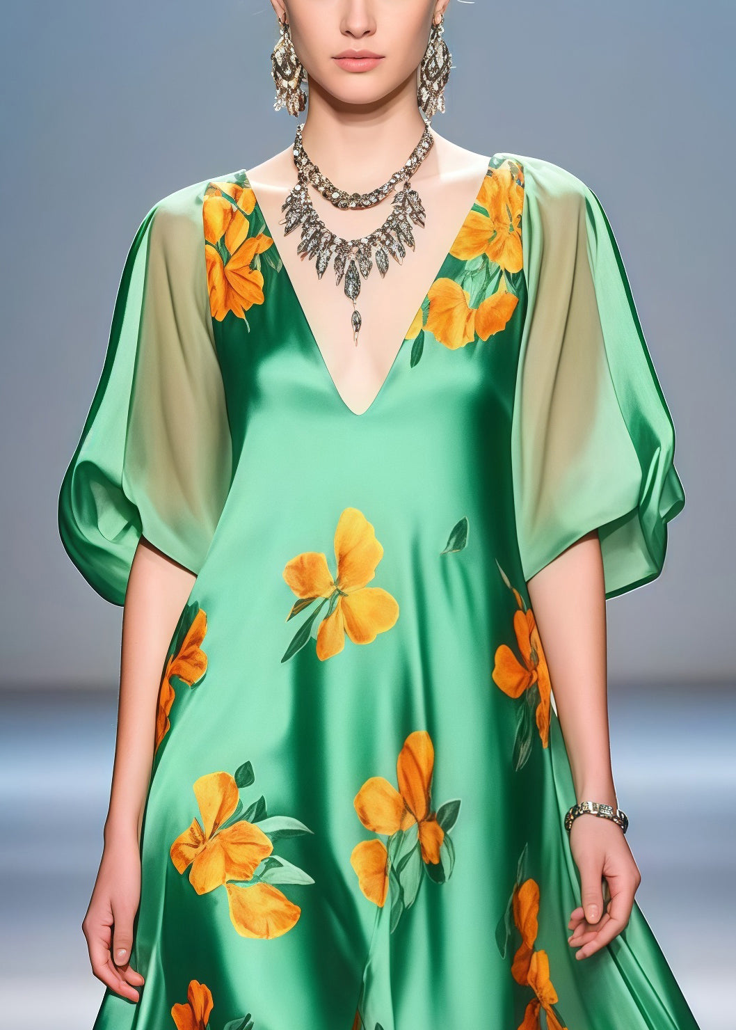 Floral Print Deep V-Neck Puff Sleeve High Split Maxi Party Dress