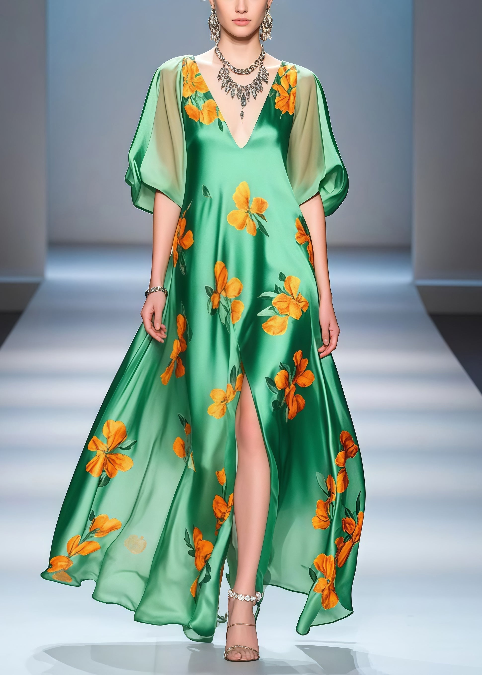 Floral Print Deep V-Neck Puff Sleeve High Split Maxi Party Dress