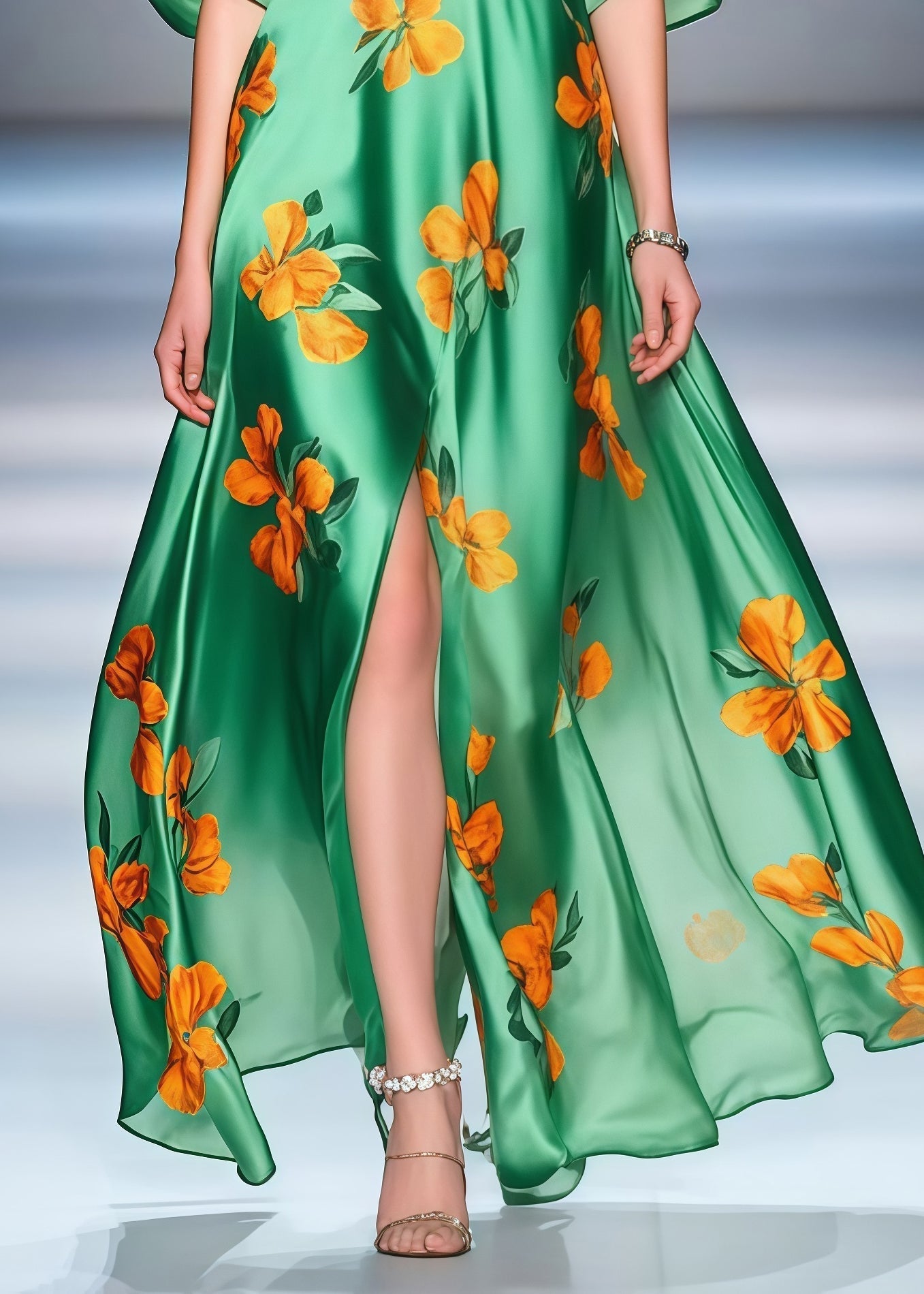 Floral Print Deep V-Neck Puff Sleeve High Split Maxi Party Dress