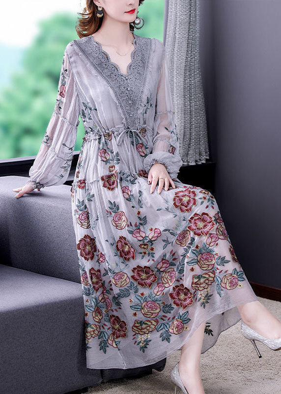 Bohemian Grey V Neck Patchwork Print Tulle Cinched Dress Spring
