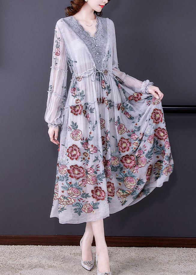 Bohemian Grey V Neck Patchwork Print Tulle Cinched Dress Spring