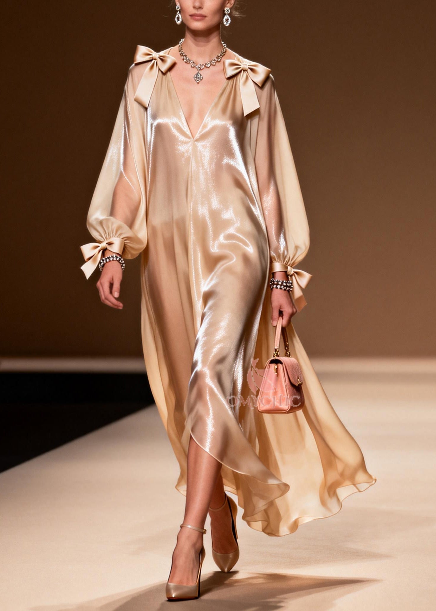 Satin Deep V-Neck Shoulder Bow Bishop Sleeve Maxi Gown
