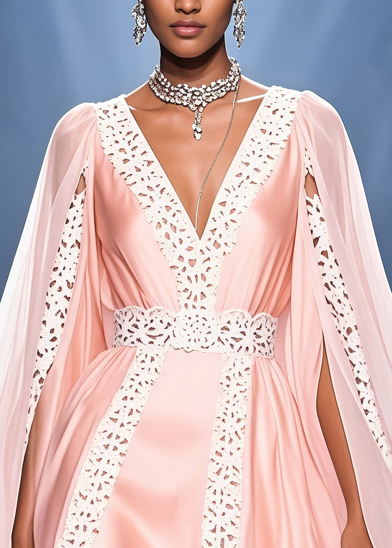 Deep V-Neck Satin Lace Trim High Low Cape Overlay Mini Dress