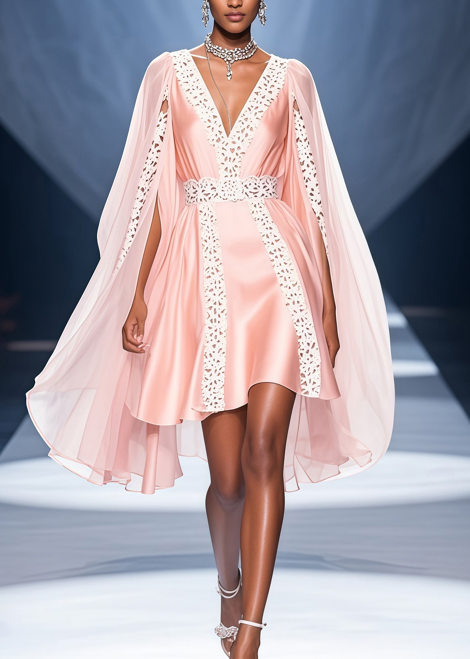 Deep V-Neck Satin Lace Trim High Low Cape Overlay Mini Dress