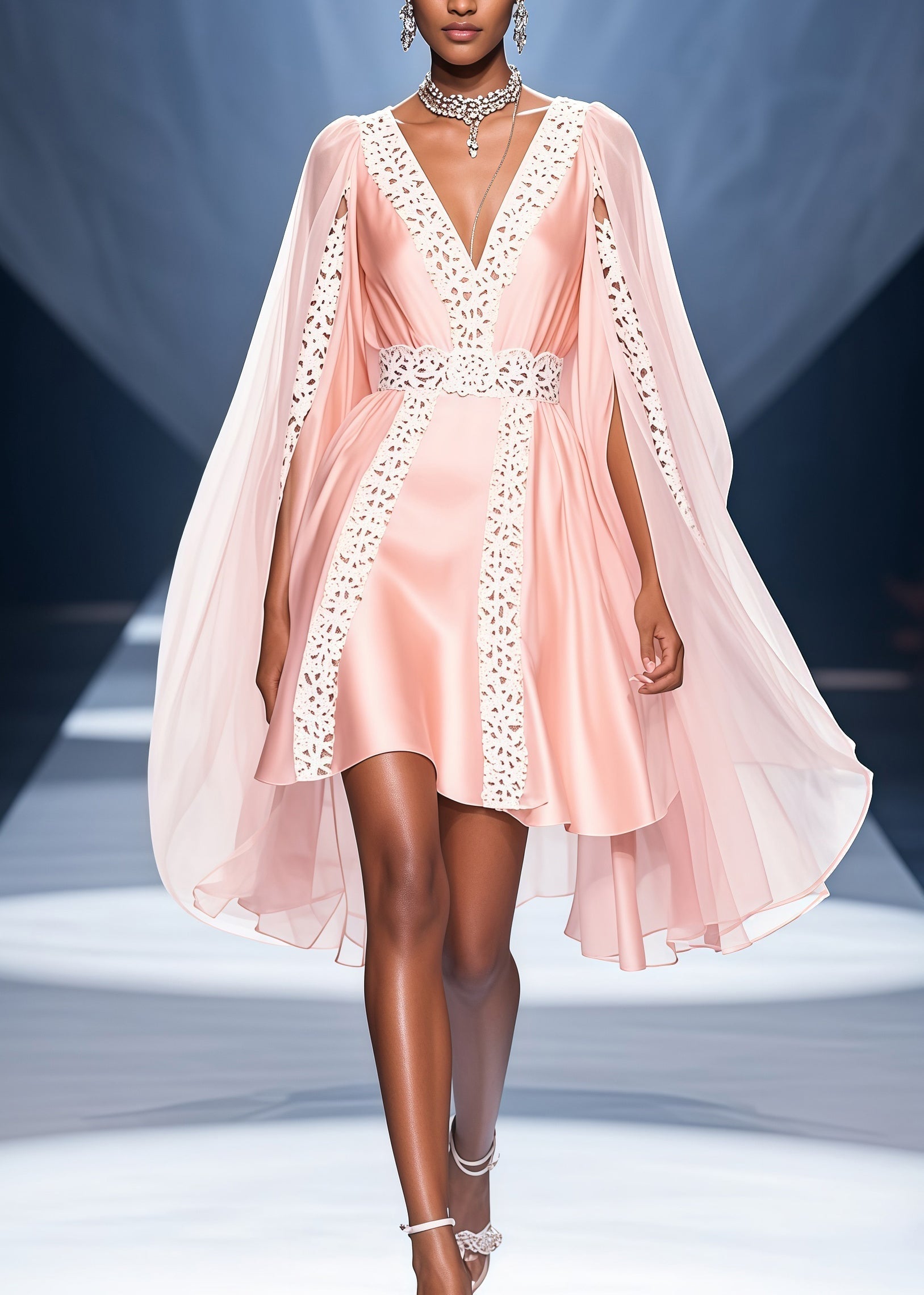 Deep V-Neck Satin Lace Trim High Low Cape Overlay Mini Dress