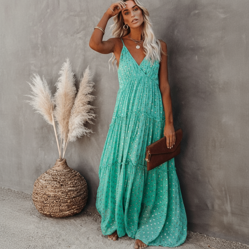 V-Neck Spaghetti Strap Tiered Maxi Dress