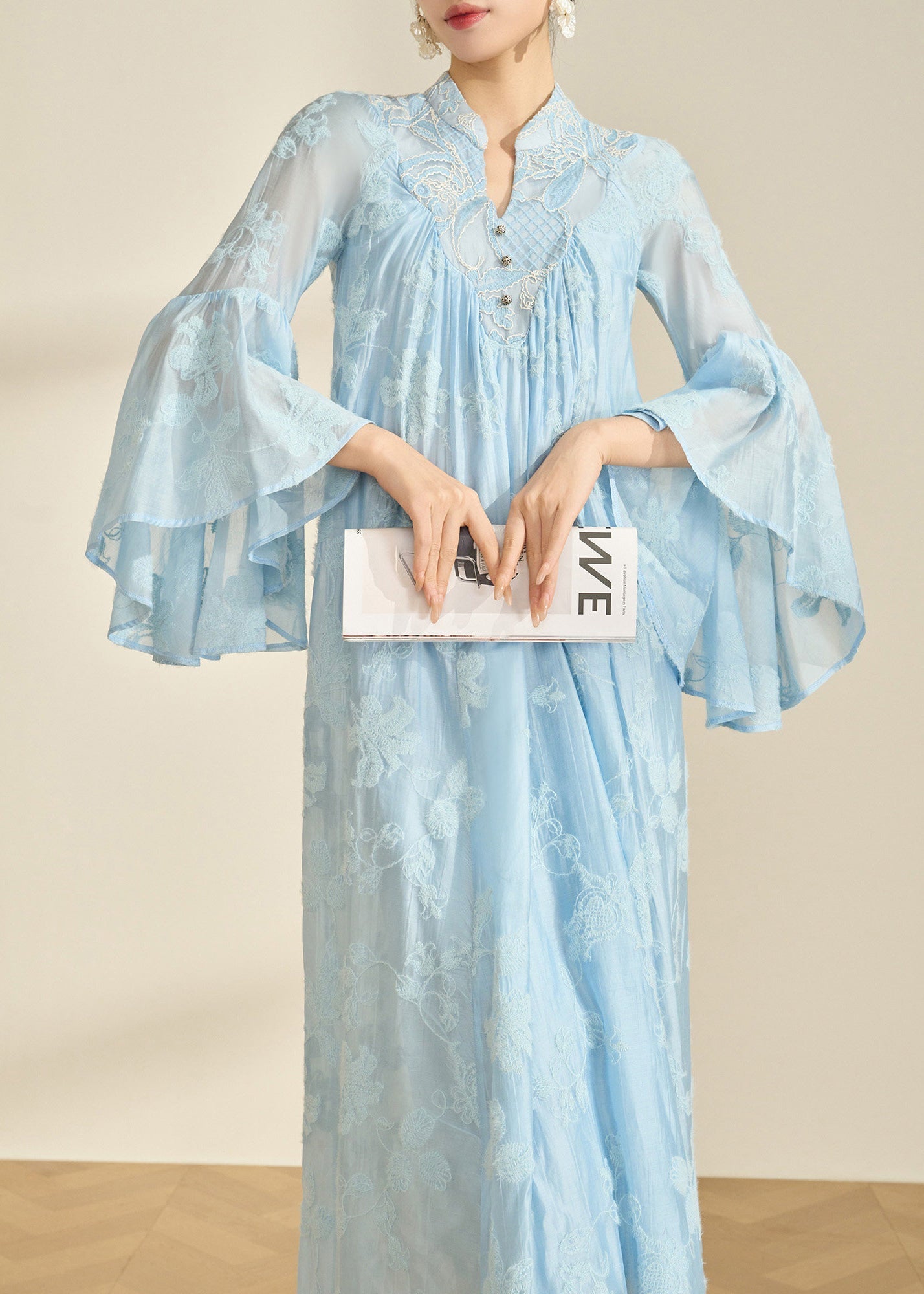 Embroidered Stand Collar V-Neck Tiered Bell Sleeve Maxi Gown