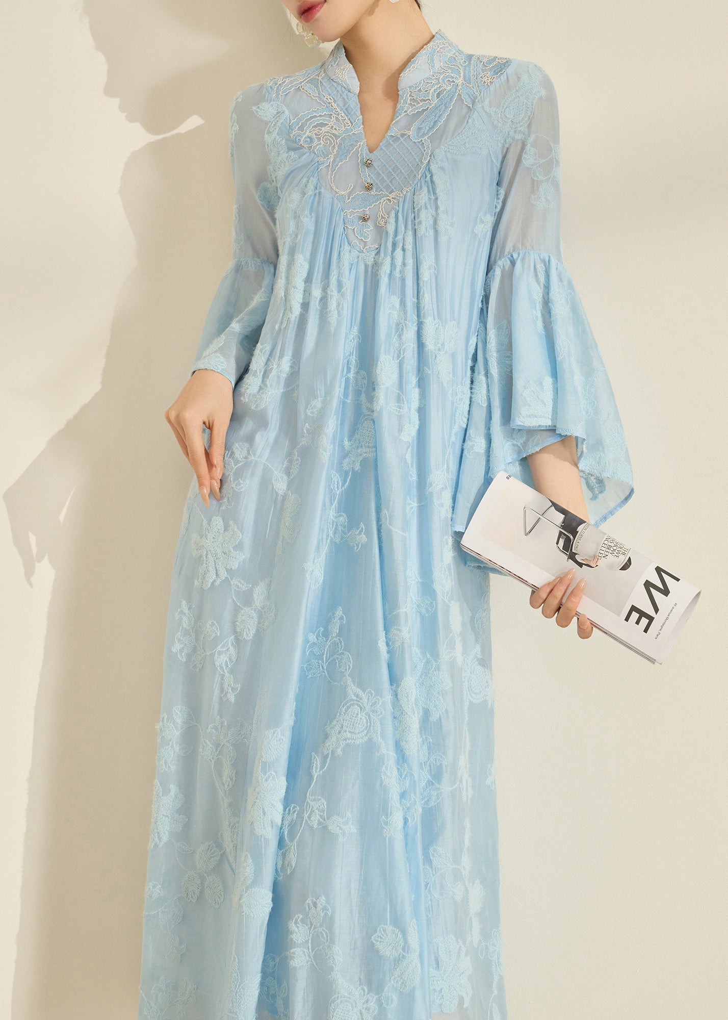 Embroidered Stand Collar V-Neck Tiered Bell Sleeve Maxi Gown