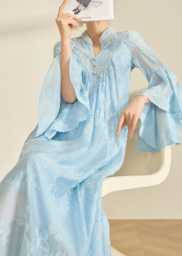 Embroidered Stand Collar V-Neck Tiered Bell Sleeve Maxi Gown