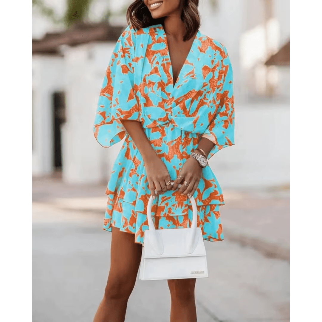 Floral Deep V-Neck Batwing Sleeve Ruffle Mini Dress
