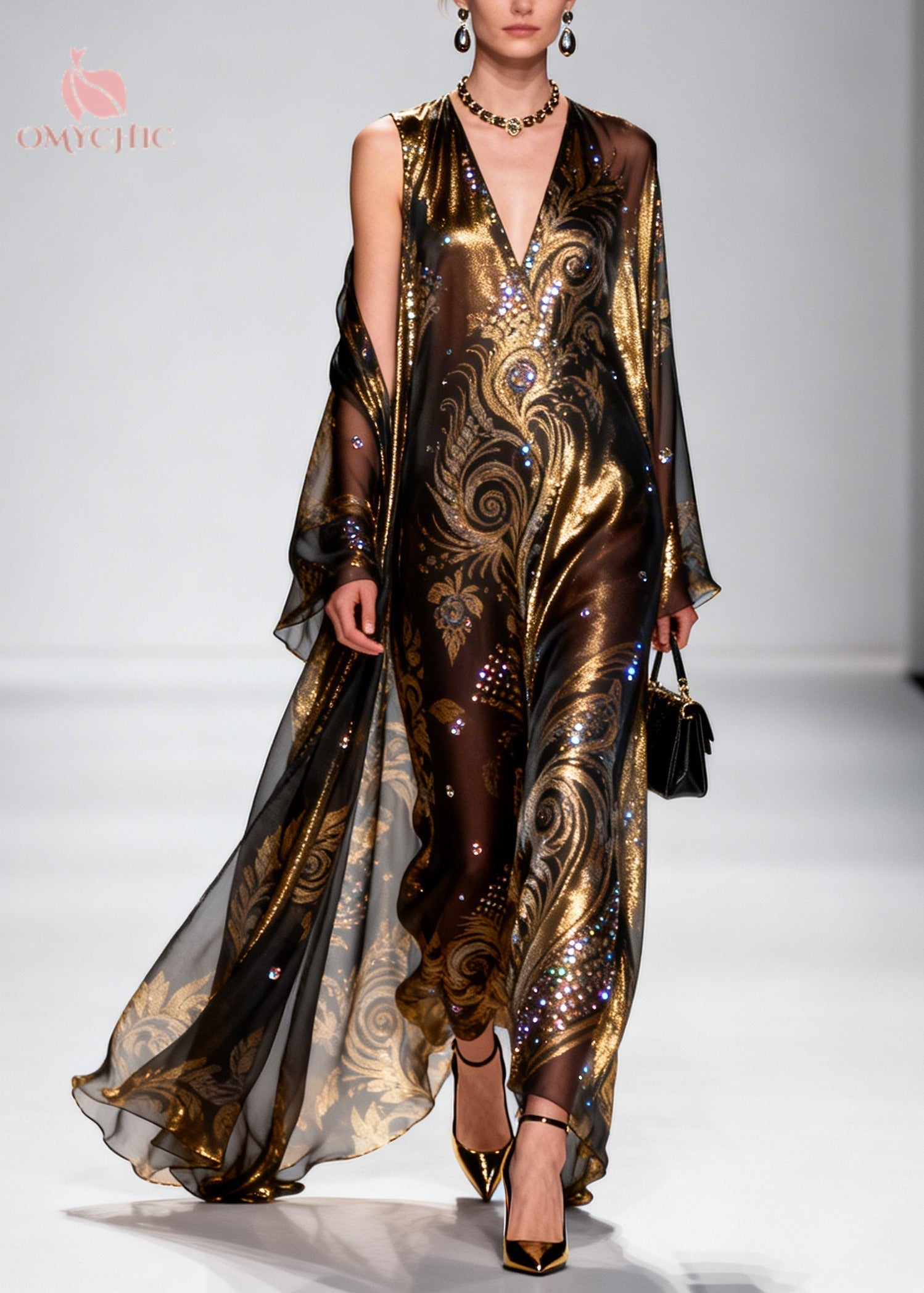 Mesh Baroque Paisley Sequin Deep V-Neck Sleeveless Gown Sheer Bell Sleeve Robe Two Piece Set