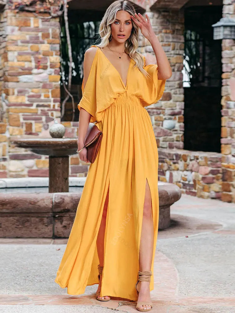 OffShoulder Slit Maxi Boho Beach Dress