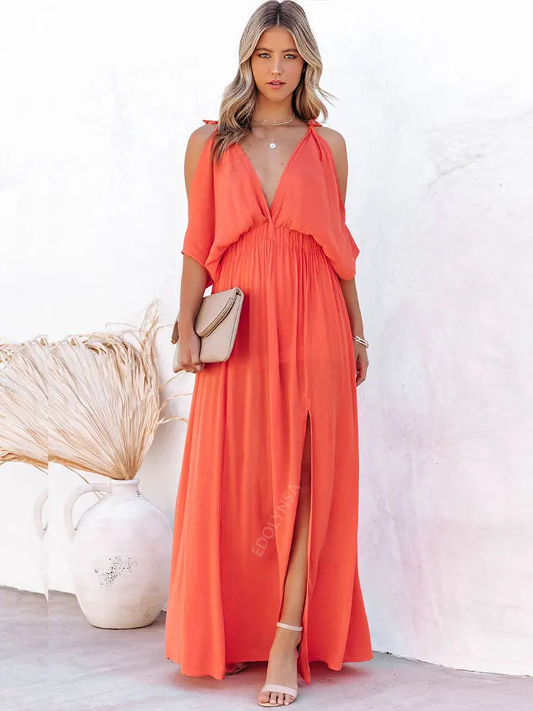 OffShoulder Slit Maxi Boho Beach Dress