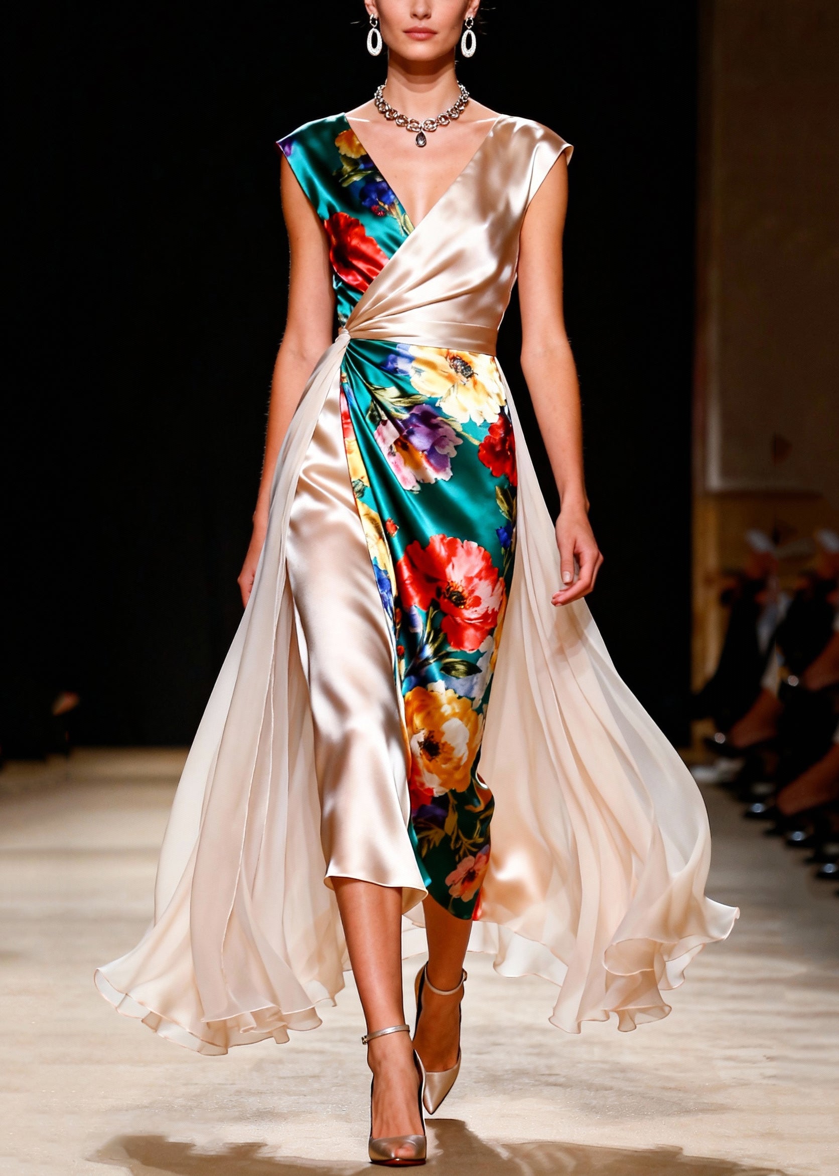 Floral Print Sleeveless Wrap V-Neck Column A-Line Maxi Gown - View 3