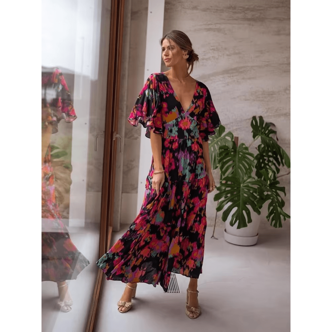 Floral Deep V-Neck Batwing Sleeve Tiered Maxi Dress