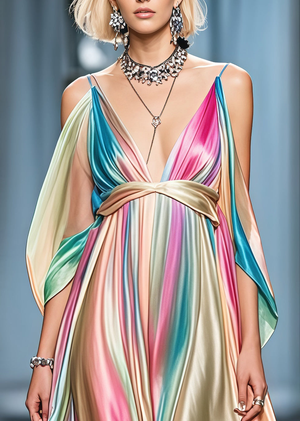 Spaghetti Strap Deep V-Neck Satin Empire Waist Cold Shoulder Pleated Maxi Gown