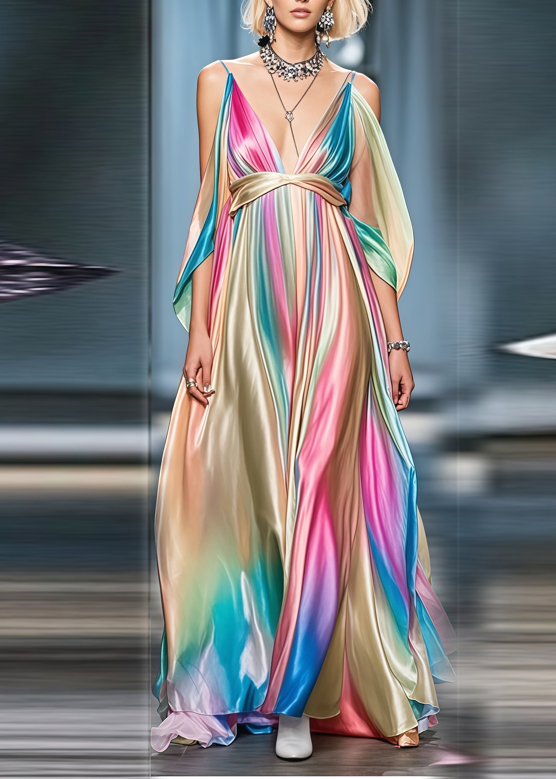 Spaghetti Strap Deep V-Neck Satin Empire Waist Cold Shoulder Pleated Maxi Gown