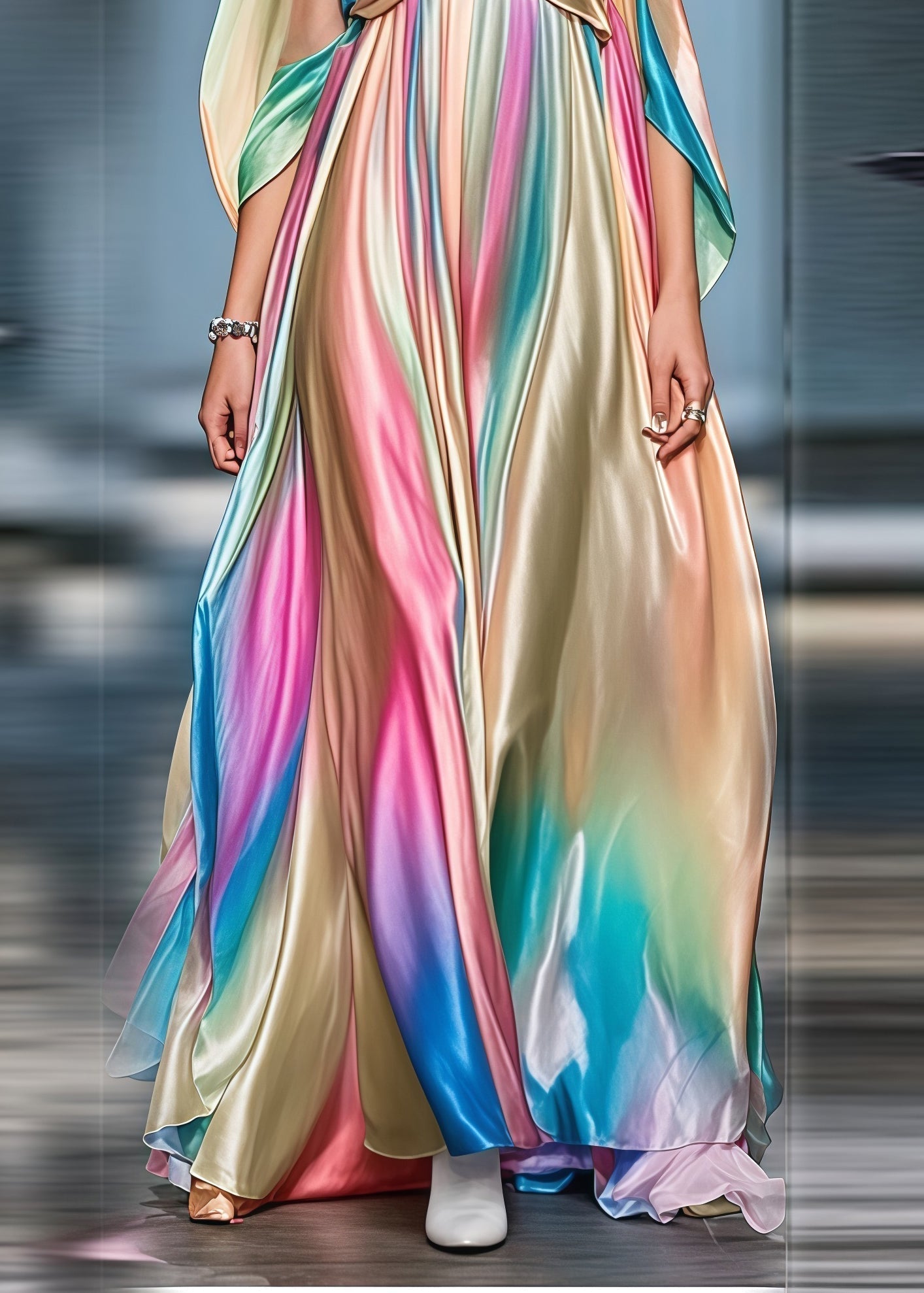 Spaghetti Strap Deep V-Neck Satin Empire Waist Cold Shoulder Pleated Maxi Gown
