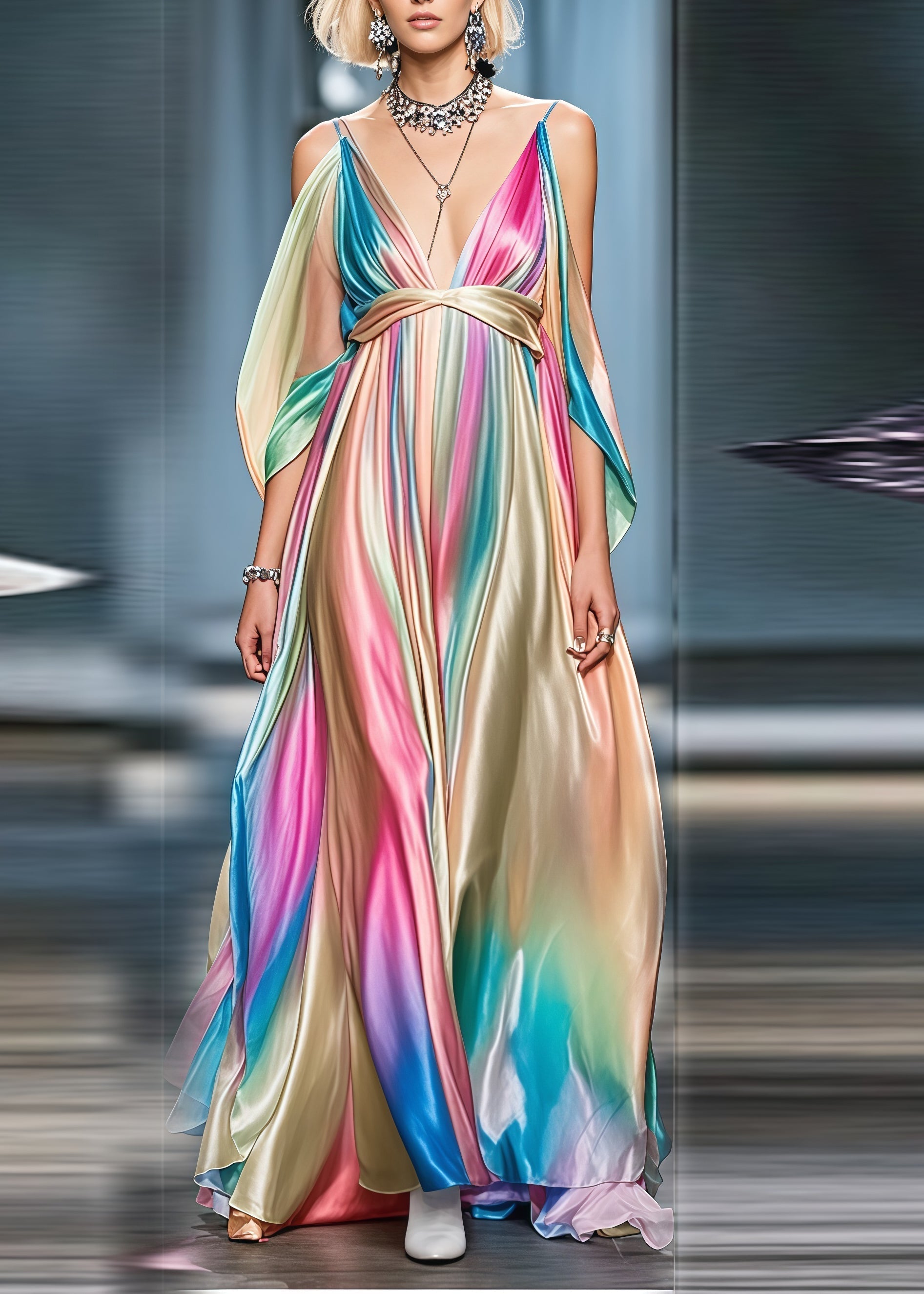 Spaghetti Strap Deep V-Neck Satin Empire Waist Cold Shoulder Pleated Maxi Gown