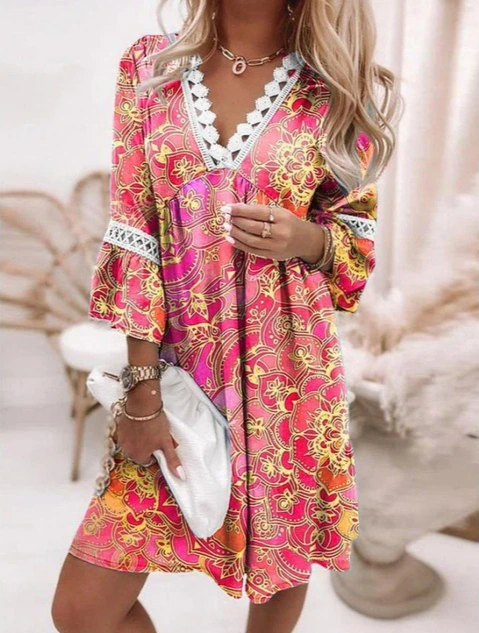 Abstract Stripe Lace Trim V-Neck Bell Sleeve Mini Summer Dress