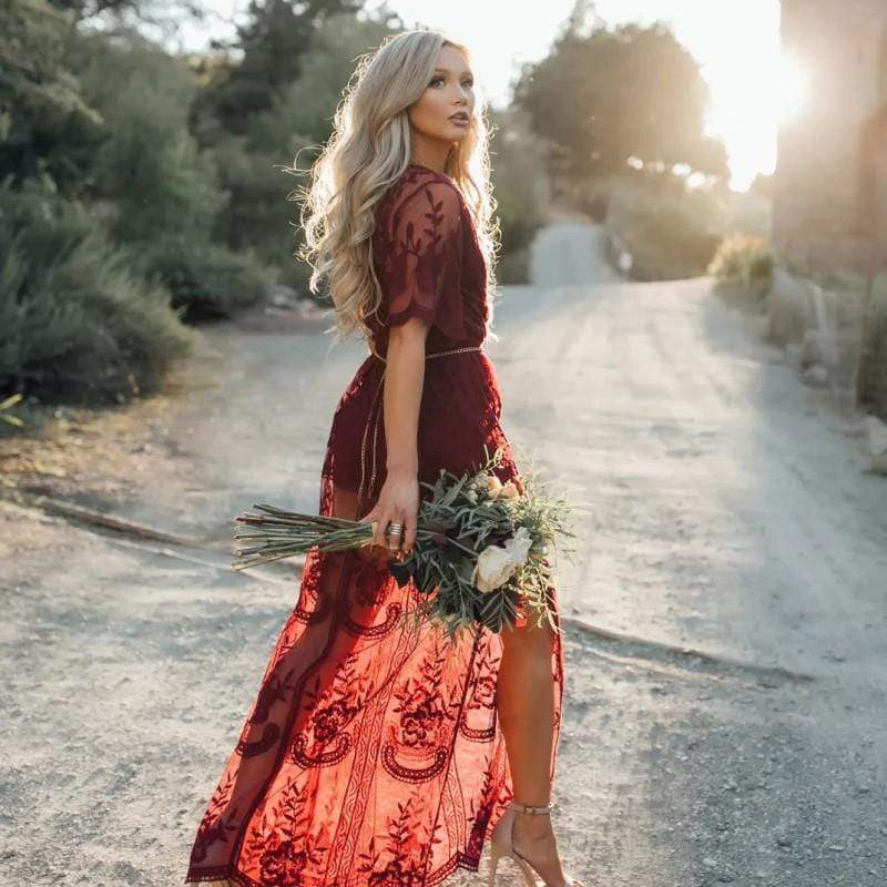 Lace Short Sleeve High Split Maxi Dress