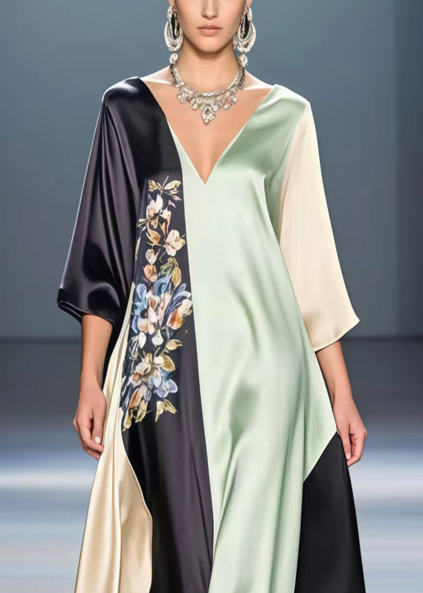 Deep V-Neck Kimono Sleeve Floral Embroidery Color Block Kaftan Maxi Gown