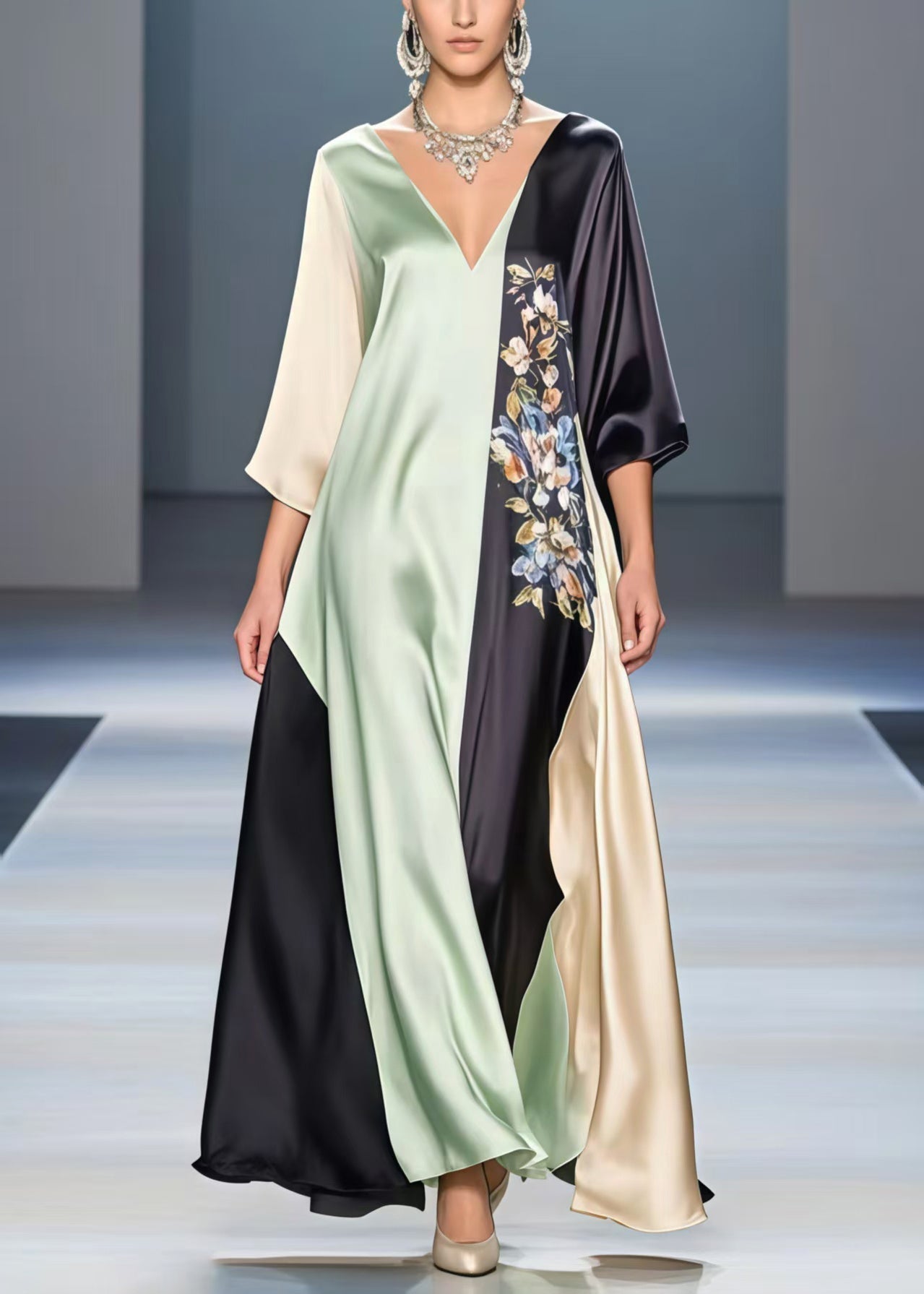 Deep V-Neck Kimono Sleeve Floral Embroidery Color Block Kaftan Maxi Gown