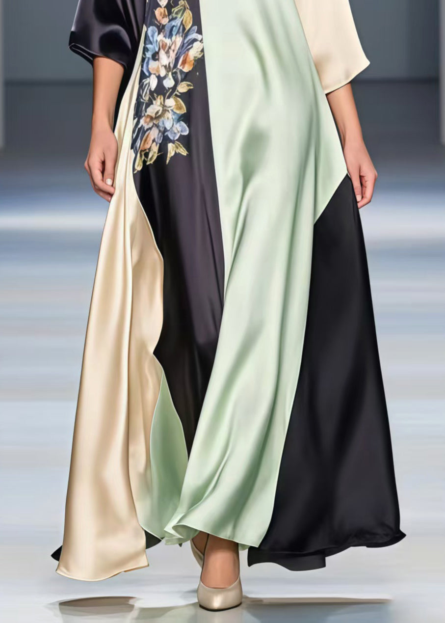 Deep V-Neck Kimono Sleeve Floral Embroidery Color Block Kaftan Maxi Gown