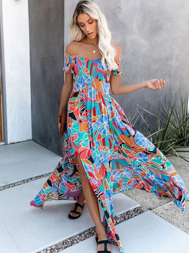 Floral Off Shoulder Smocked High Split Maxi Dress