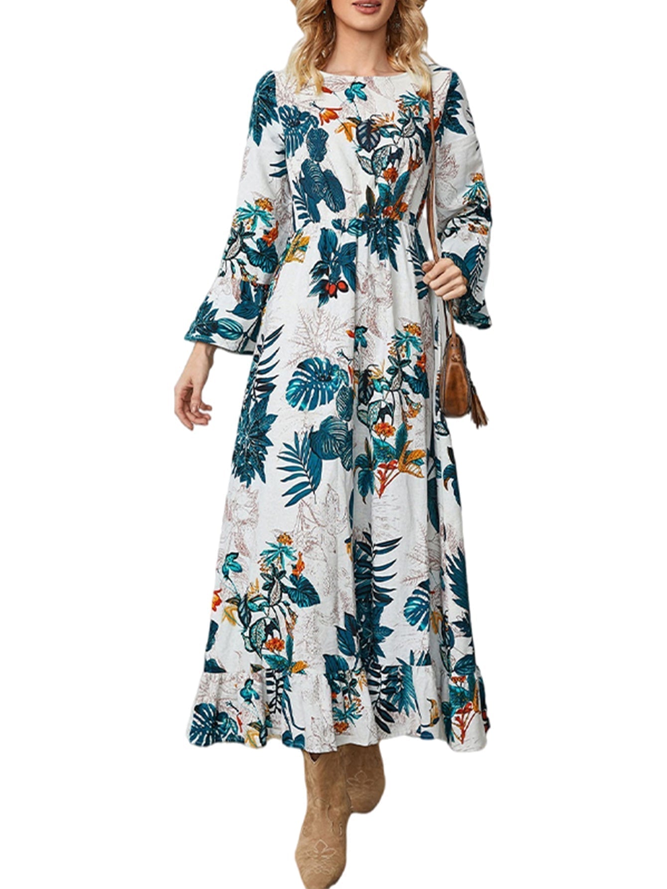 Boho Plants Printing High Waist Flare Sleeve Midi Dress