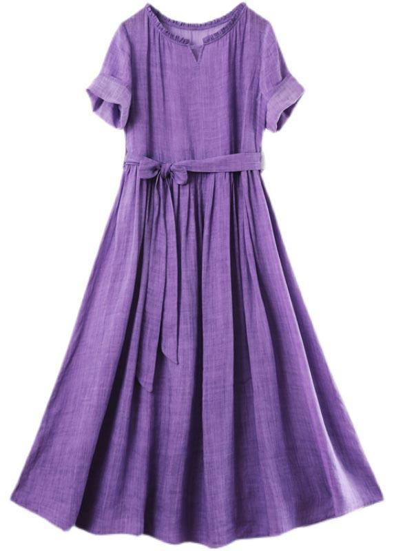 Boho Purple Ruffled Maxi Summer Linen Dress