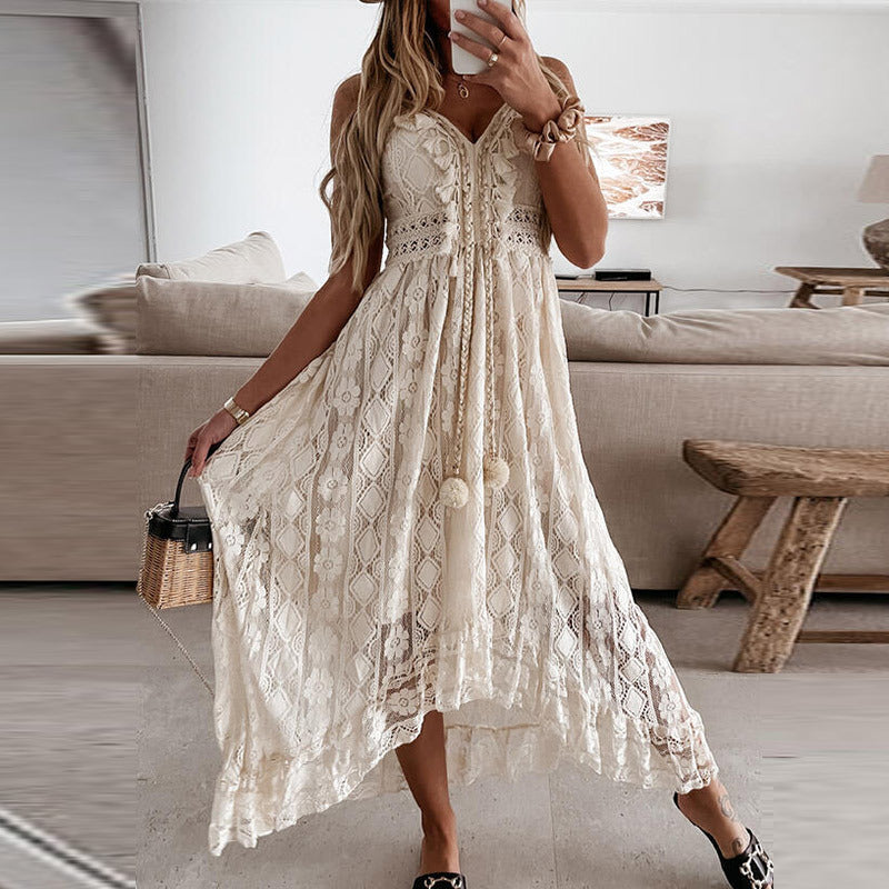 Lace Crochet Deep V-Neck Pom Pom Tie Tiered Maxi Dress